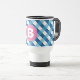Taza De Viaje Cuadro Azul y Blanco Monograma Rosa
