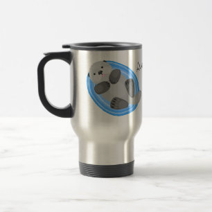 Taza De Viaje Cuidada y feliz nutria azul personalizado ilustrac