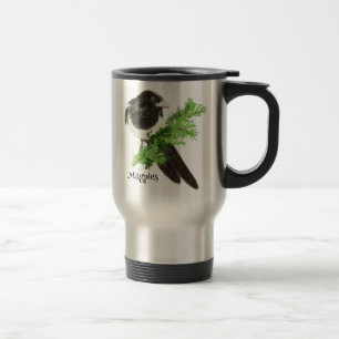 Taza De Viaje Curiosa acuarela Magpie Bird Naturaleza Art
