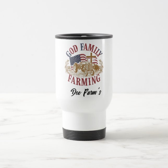 Taza De Viaje Custom “God Family Farming” Travel Mug (Centro)
