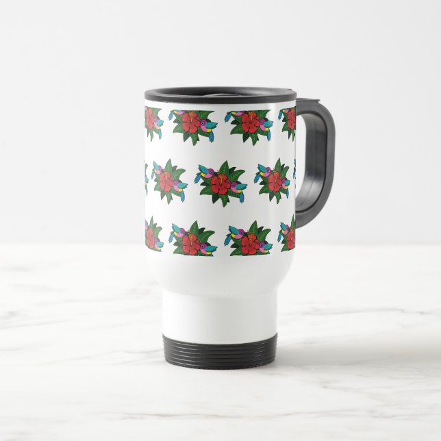 Taza De Viaje Cute Hummingbirds on Hibiscus Flower Cartoon - W (Anverso derecho)