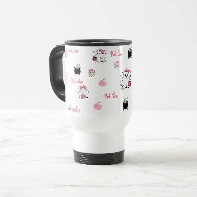 Taza De Viaje Cute Pink Boo Ghost Travel Mug | (Anverso izquierdo)