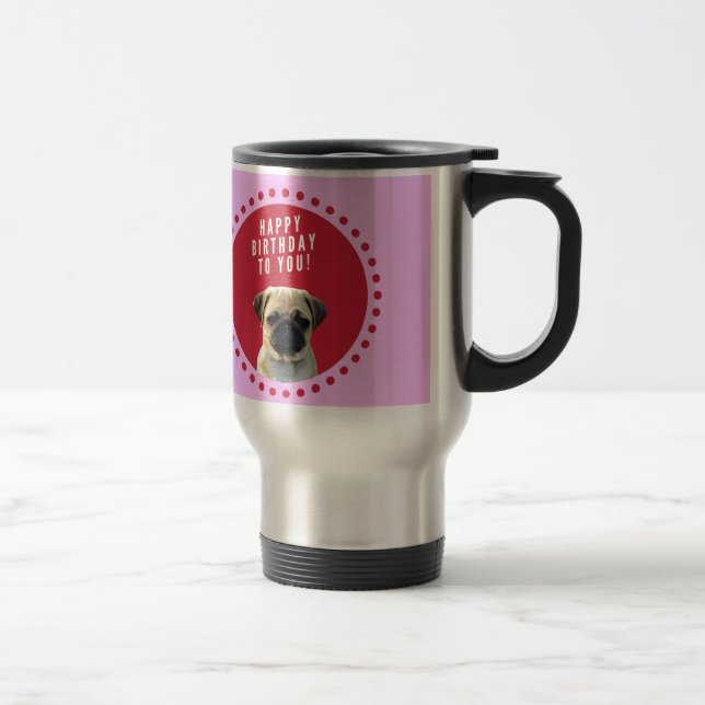 Taza De Viaje Cute Pug Puppy Dog Feliz cumpleaños Red Dots Pink (Derecha)