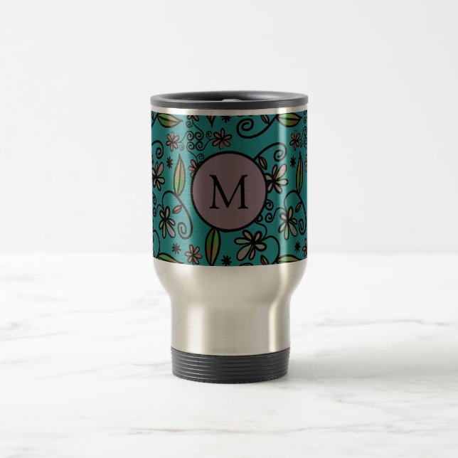 Taza De Viaje Cute Teal Floral Pattern Monogram (Centro)