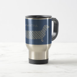 Taza De Viaje Dachshund de la tela escocesa en azul