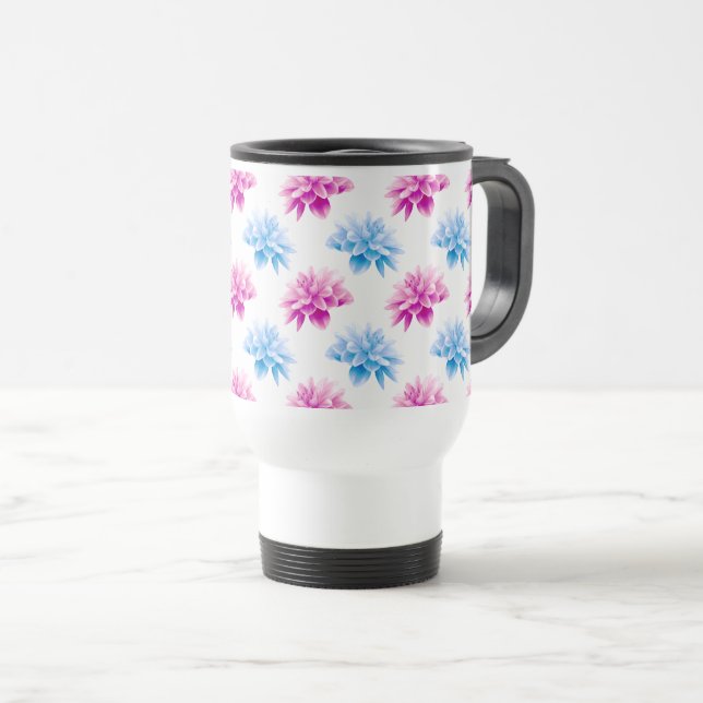 Taza De Viaje Dahlia rosa, Dahla azul, patrón floral, flores (Anverso derecho)