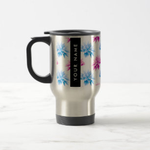 Taza De Viaje Dalia Rosa y Azul, Patrón Floral, Tu Nombre