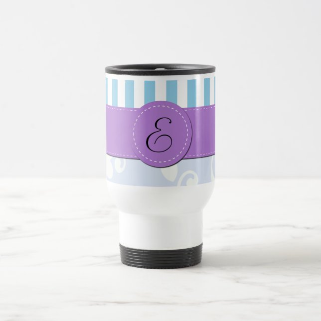 Taza De Viaje Damasco azul, franjas azules, rayas, monograma (Centro)