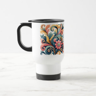 Taza de viaje de arte popular floral colorido
