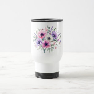 Taza de viaje de flor de anemona acuarela