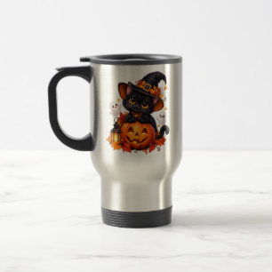 Taza de viaje de Halloween de calabaza con gato ne