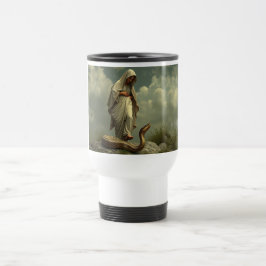 Taza de viaje de la Virgen María pisoteando la ser