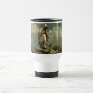 Taza de viaje de la Virgen María pisoteando la ser