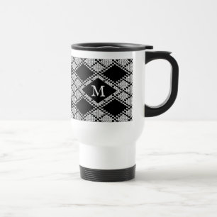 Taza de viaje de punto argyle NEGRO + inicial