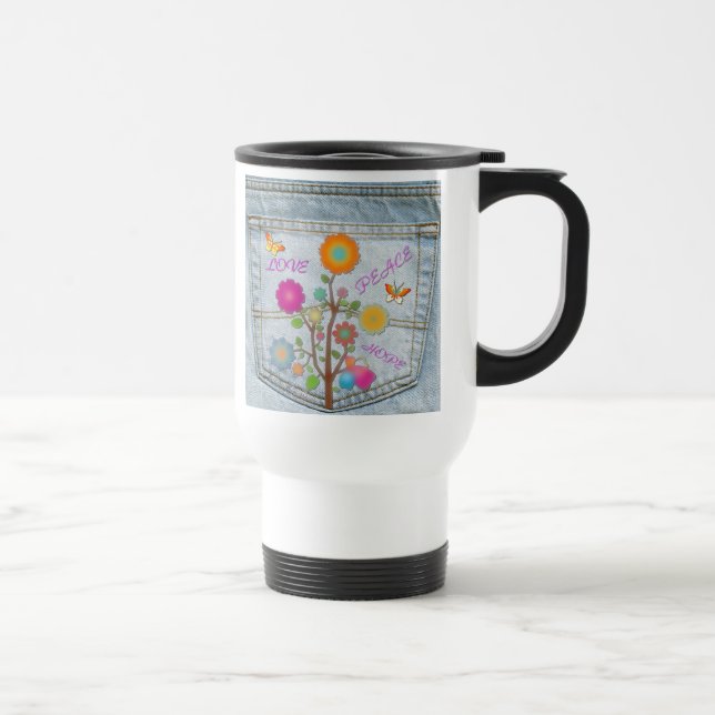 Taza De Viaje Denim Back Pocket Flowers Peace Love Hope (Derecha)