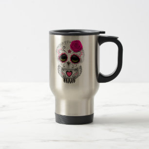 Taza De Viaje Día rosado lindo del búho muerto del cráneo del