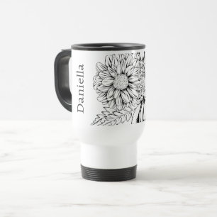 Taza De Viaje Dibujo de línea negra de crisantemo con su nombre