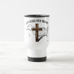 Taza De Viaje Dios bendiga a nuestras tropas con cruz escarpada