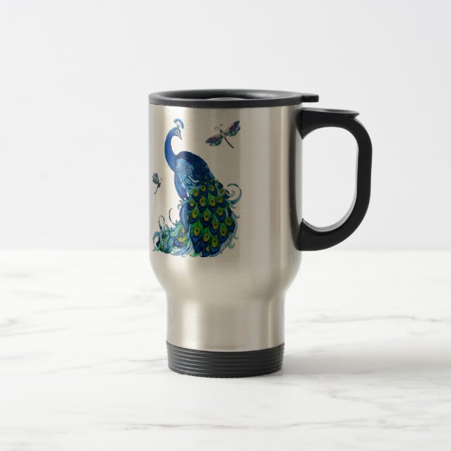 Taza De Viaje Diseño clásico de pavo real y libélula (Derecha)