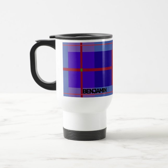 Taza De Viaje Diseño geométrico, azul y rojo personalizado (Izquierda)