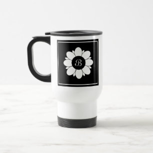 Taza De Viaje Diseño inicial simple de flores en blanco y negro