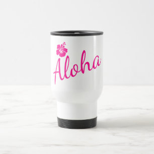 Taza De Viaje Diseño original de texto rosa ALOHA y flor