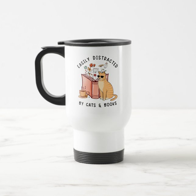 Taza De Viaje Distracción fácil por gatos y libros (Izquierda)