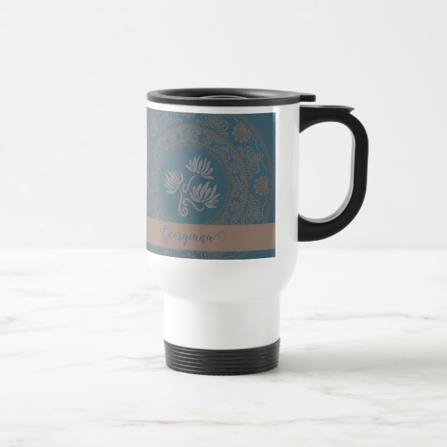 Taza De Viaje Dorado Verde azulado Rococo Lotus Dot Mandala (Derecha)