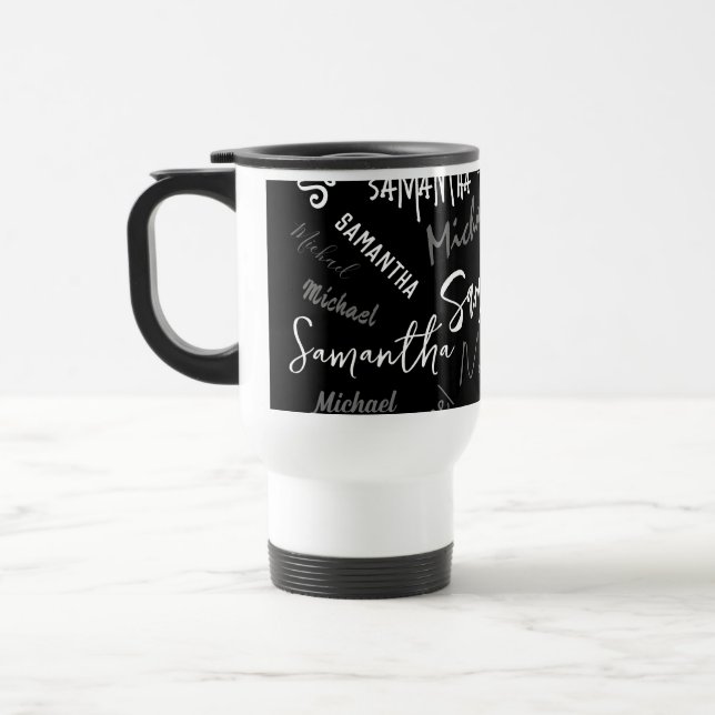 Taza De Viaje Dos nombres pareja patrón monograma blanco negro (Izquierda)