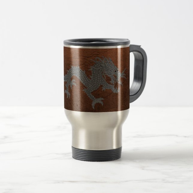 Taza De Viaje Dragón butanés sobre cuero (Anverso derecho)