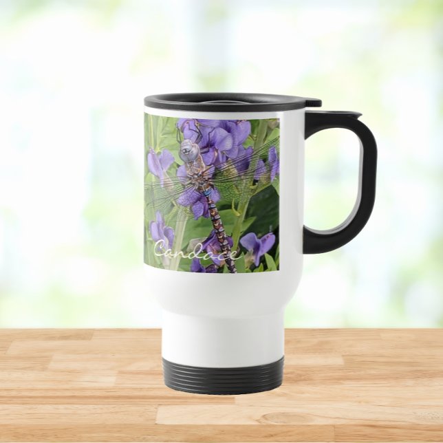 Taza De Viaje Dragonfly on Purple Flowers with Name (In Situ)