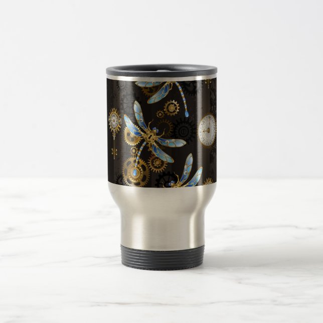 Taza De Viaje Dragoniscos de Steampunk sobre fondo rayado marrón (Centro)