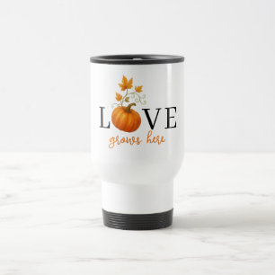 Taza De Viaje El amor crece aquí   Letras de calabaza en otoño