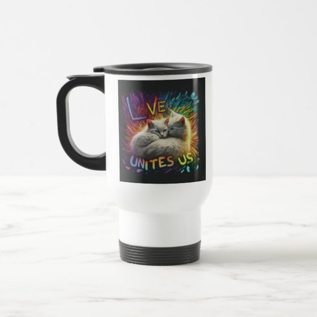 Taza De Viaje "El Amor Nos Une" Traje Café Mug. (Izquierda)
