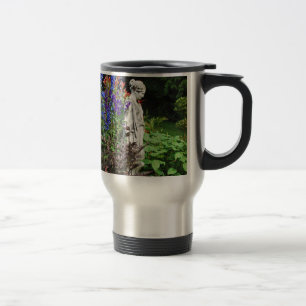 Taza De Viaje El jardín de flores del delfinio azul y la estatua