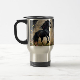 Taza De Viaje Elegancia lunar: caballo negro de fantasía con lun