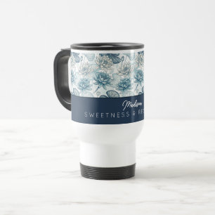 Taza De Viaje Elegant Monogram Blue Water Lily and Lotus