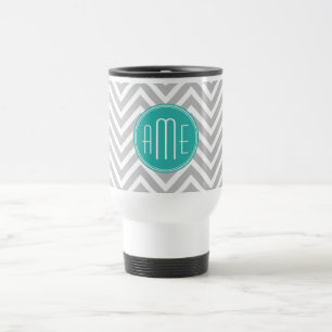 Taza De Viaje Elegante Chevron Gris Moderno y Monograma de Menta