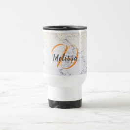 Taza De Viaje Elegante mármol blanco y falso purpurina monograma