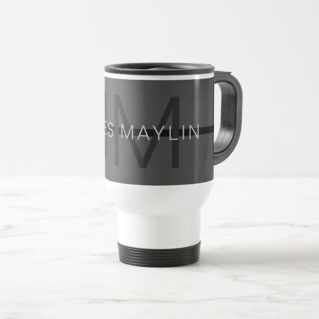 Taza De Viaje Elegante Masculina Nombre Gris Oscuro y Monograma (Anverso derecho)
