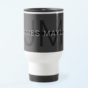 Taza De Viaje Elegante Masculina Nombre Gris Oscuro y Monograma