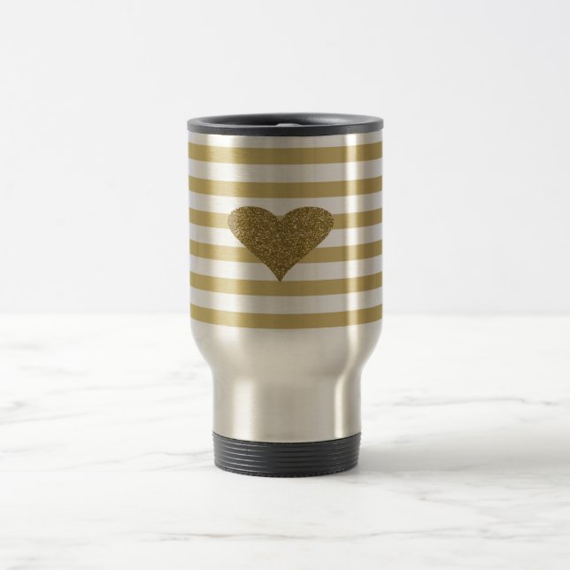Taza De Viaje Elegante Moda Faux Gold Purpurinoso Corazón En Ray (Centro)