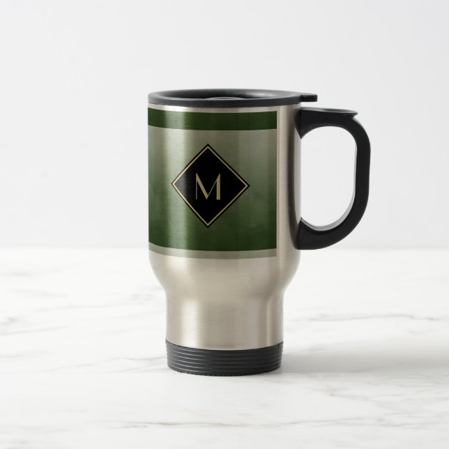 Taza De Viaje Elegante Verde Cepillado Con Simple Monograma De O (Derecha)