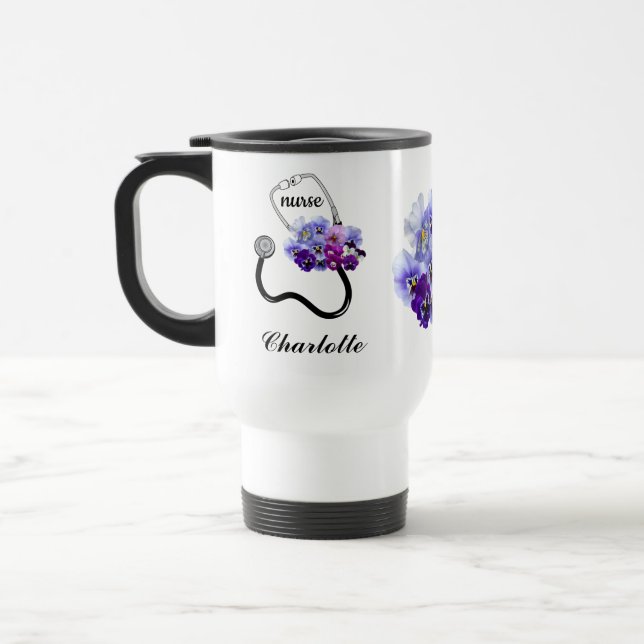 Taza De Viaje Enfermera Médica Floral de Pansy azul estetioscopi (Izquierda)