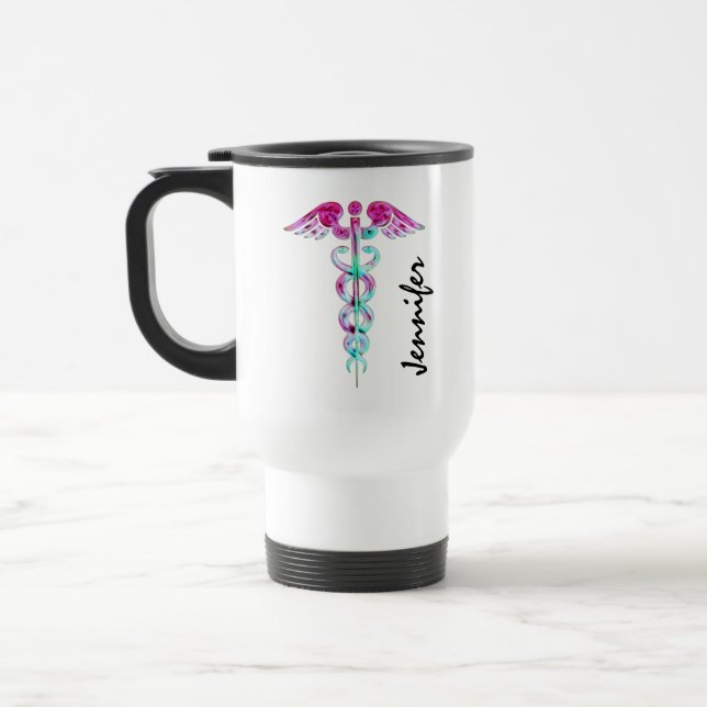 Taza De Viaje Enfermera personalizada Caduceus Médico Rosa Verde (Izquierda)