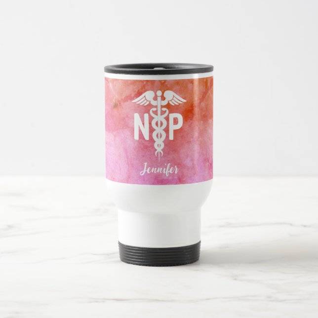 Taza De Viaje Enfermera practicante NP Naranja rosa personalizad (Centro)