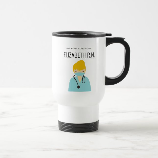 Taza De Viaje Enfermera rubia ilustracion personalizada Gracias (Derecha)