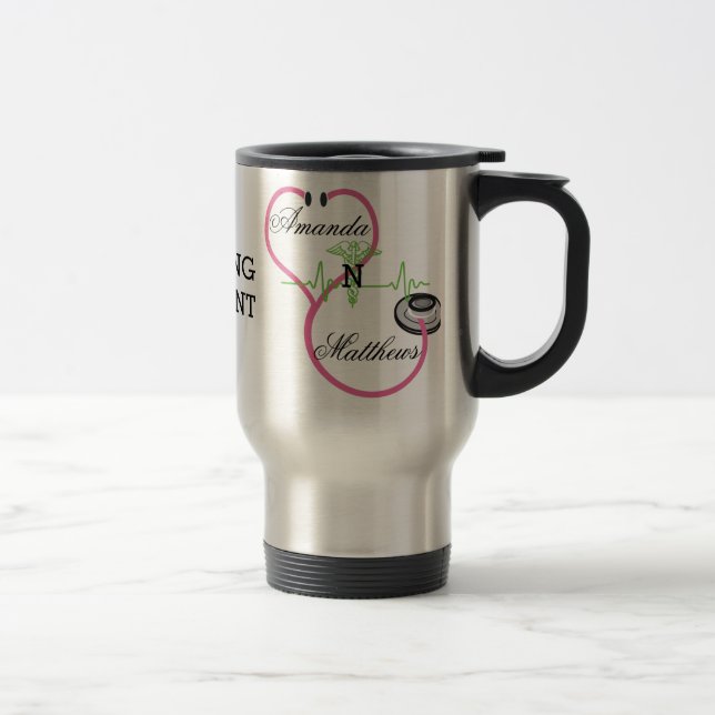 Taza De Viaje Enfermería Estetioscopio Rosa Nombre del alumno Ca (Derecha)