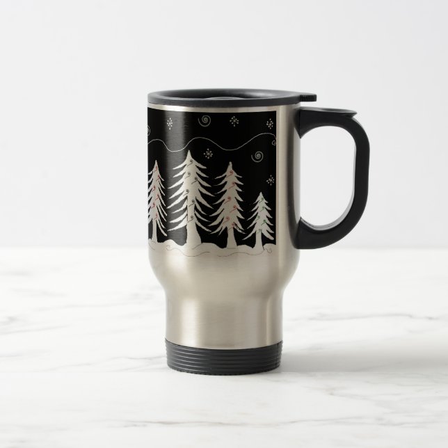 Taza De Viaje Escena de árbol de Navidad en blanco y negro (Derecha)