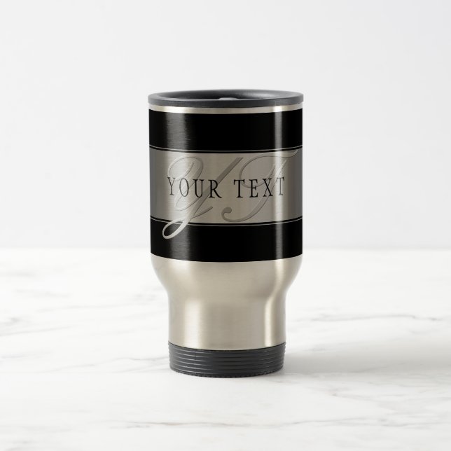 Taza De Viaje Escritura Elegante Editable En Monograma | Negra (Centro)